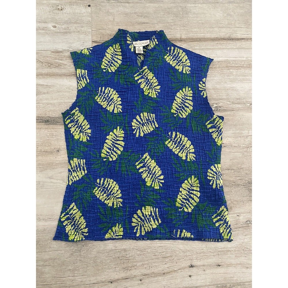 CASUAL CORNER Women's sleeveless Blue Palm top M Medium polyester Texture Tank
